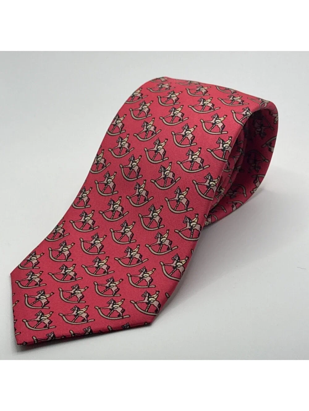 Hermes Red Tie Rocking Horse Scarf Print Made In France Authentic Vintage 7373